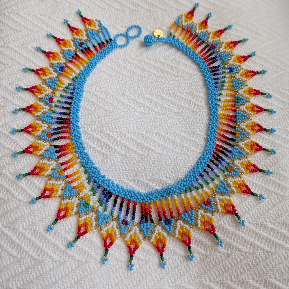 Handmade Multicolor Beaded Statement Necklace - Blue Accent